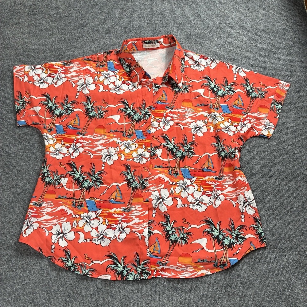 Fantaslook Tropical Hawaiian Shirt Coral Orange Palm Tree Hibiscus Blouse Sz XL